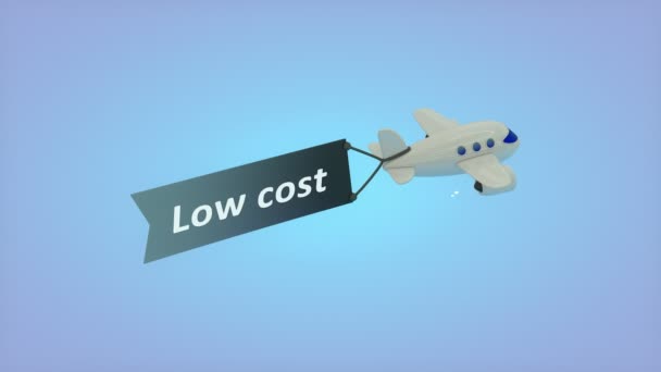 Komputer Wygenerowany Samolot Niebieskim Tle Tekstem Fladze Niski Koszt — Wideo stockowe