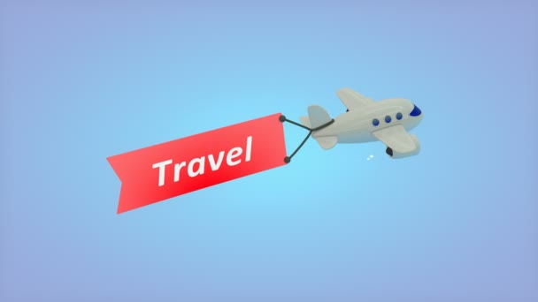 Παραγόμενο Από Υπολογιστή Αεροπλάνο Μπλε Φόντο Κείμενο Στη Σημαία Ταξίδια — Αρχείο Βίντεο