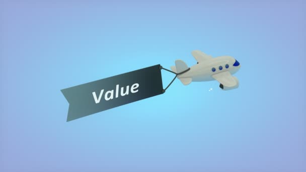 Computer Generated Airplane Blue Background Text Flag Value — Stock Video