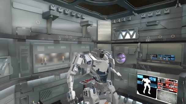 带有巨型战斗机器人的宇宙飞船机库 — 图库视频影像