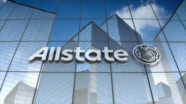 Aralık 2017, sadece editoryal kullanım, 3 boyutlu animasyon, Allstate Corporation logosu cam inşaatı.