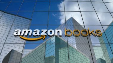 Mart 2018, sadece editoryal kullanım, 3 boyutlu animasyon, Amazon Books logosu cam bina üzerine.