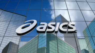 Mart 2018, sadece editoryal kullanım, 3d animasyon, Asics Corporation logosu cam inşaatı.