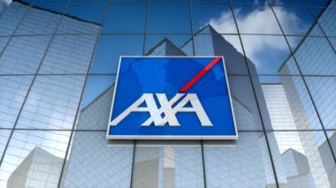 Aralık 2017, sadece editoryal kullanım, 3 boyutlu animasyon, cam bina Axa logosu.