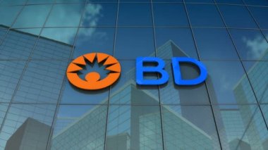 Ocak 2018, sadece editoryal kullanım, 3 boyutlu animasyon, Becton, Dickinson and Company logosu cam bina üzerine.