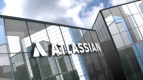 Октябрь 2018 Редакции Анимация Логотип Atlassian Corporation Plc Стеклянном Здании — стоковое видео