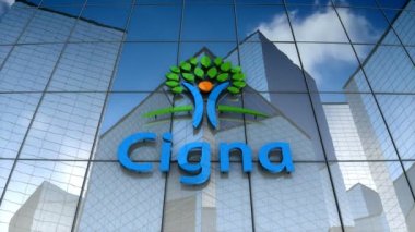 Aralık 2017, sadece editoryal kullanım, 3 boyutlu animasyon, cam bina üzerine Cigna logosu.
