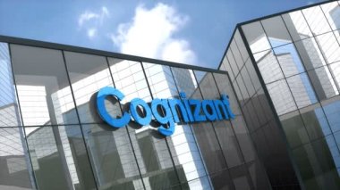 Ekim 2018, sadece editoryal kullanım, 3 boyutlu animasyon, Bilişsel Teknoloji Çözümleri Şirketi logosu cam inşaatı üzerine.