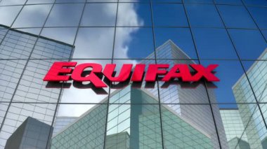 Mart 2018, sadece editoryal kullanım, 3d animasyon, Equifax Inc. logosu cam bina üzerine.