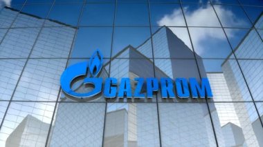 Aralık 2017, sadece editör kullanımı, 3 boyutlu animasyon, Gazprom logosu cam bina üzerine.
