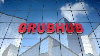 Kasım 2017, sadece editoryal kullanım, 3 boyutlu animasyon, cam bina üzerindeki Grubhub logosu.