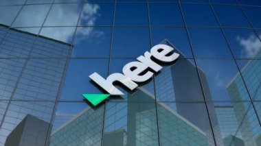 Ocak 2018, sadece editoryal kullanım, 3 boyutlu animasyon, Burada Uluslararası B.V. logosu cam bina üzerine.