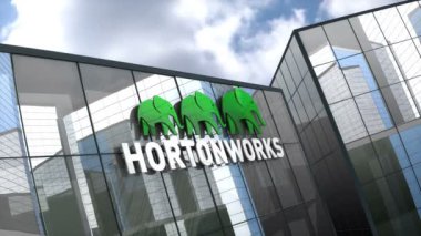 Ekim 2018, sadece editörel kullanım, 3 boyutlu animasyon, cam bina üzerindeki Hortonworks logosu.