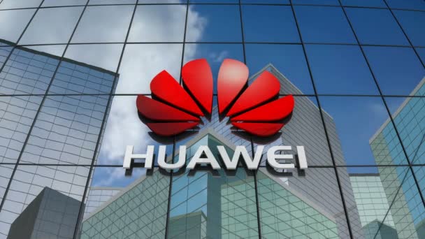 Март 2018 Редакции Анимация Huawei Technologies Ltd Логотип Стеклянном Здании — стоковое видео