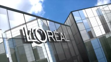 Haziran 2018, sadece editoryal kullanım, 3 boyutlu animasyon, Loreal logosu cam inşaatı.