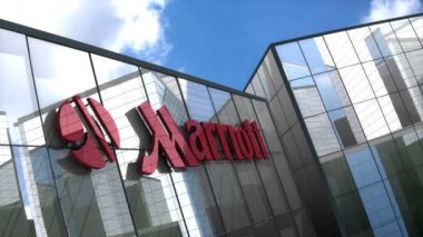 Haziran 2018, sadece editoryal kullanım, 3 boyutlu animasyon, Marriott şirketinin cam bina logosu.