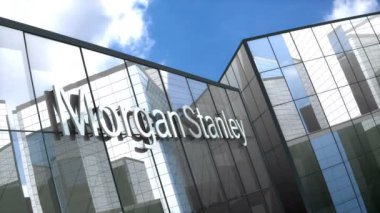 Haziran 2018, sadece editoryal kullanım, 3D animasyon, Morgan Stanley logosu cam bina.