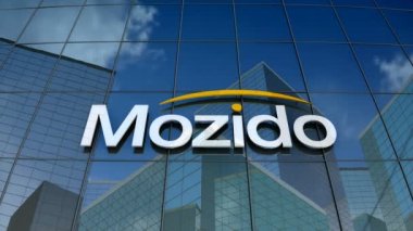 Ocak 2018, sadece editoryal kullanım, 3d animasyon, Mozido, LIC logosu cam bina üzerine.