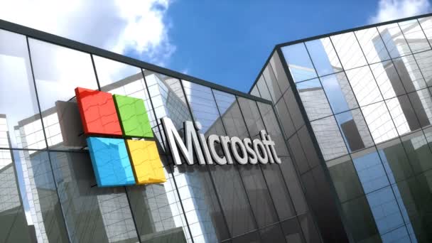 Червень 2018 Використання Тільки Редакції Анімація Логотип Microsoft Скляній Будівлі — стокове відео