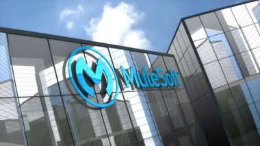 Ekim 2018, sadece editoryal kullanım, 3 boyutlu animasyon, cam bina üzerindeki Mulesoft Inc logosu.