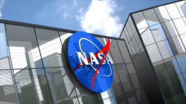 Ekim 2018, sadece editoryal kullanım, 3 boyutlu animasyon, Nasa logosu cam bina üzerine.