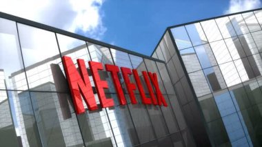 Haziran 2018, sadece editoryal kullanım, 3 boyutlu animasyon, Netflix logosu cam inşaatı.