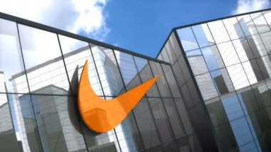 Haziran 2018, sadece editoryal kullanım, 3 boyutlu animasyon, Nike logosu cam inşaatı.