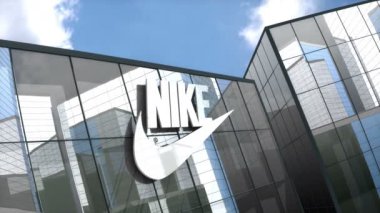 Ekim 2018, sadece editoryal kullanım, 3 boyutlu animasyon, Nike logosu cam inşaatı.