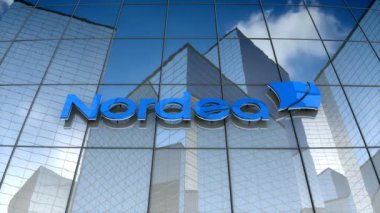 Aralık 2017, sadece editoryal kullanım, 3d animasyon, Nordea Bank Ab logosu cam bina.