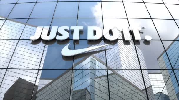 Editorial Use Only Animacja Just Nike Logo Szklanym Budynku — Wideo stockowe