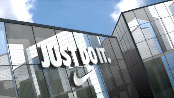 Październik 2018 Tylko Użytku Redakcyjnego Animacja Logo Nike Szklanym Budynku — Wideo stockowe
