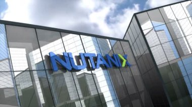 Ekim 2018, sadece editoryal kullanım, 3 boyutlu animasyon, Nutanix Inc logosu cam inşaatı.