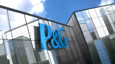 Haziran 2018, sadece editoryal kullanım, 3d animasyon, cam inşaatında P & G logosu.