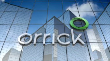 Ekim 2017, sadece editoryal kullanım, 3d animasyon, Orrick, Herrington & Sutcliffe LIP logosu cam inşaatı üzerine.