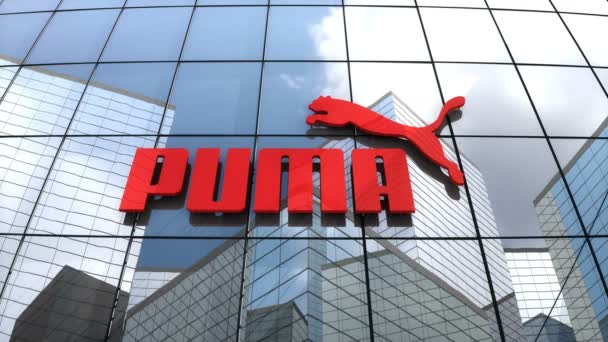 Mars 2018 Endast För Redaktionell Användning Animation Puma Logo Glasbyggnaden — Stockvideo