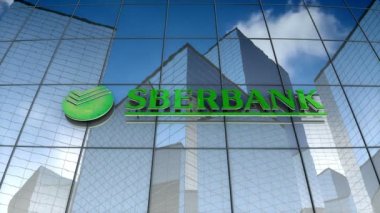 Aralık 2017, sadece editoryal kullanım, 3 boyutlu animasyon, Sberbank logosu cam bina üzerine.