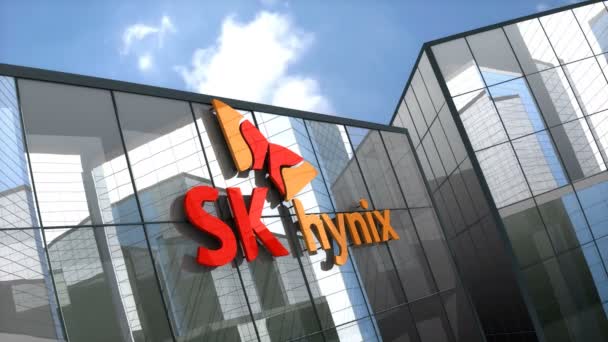 10月2018 編集のみを使用 3Dアニメーション 株式会社スキーHynixガラスの建物にロゴ — ストック動画