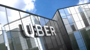 Haziran 2018, sadece editoryal kullanım, 3 boyutlu animasyon, cam bina üzerinde Uber logosu.