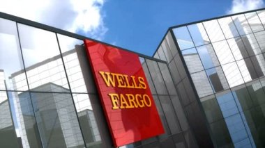 Haziran 2018, sadece editoryal kullanım, 3 boyutlu animasyon, Wells Fargo cam bina logosu.