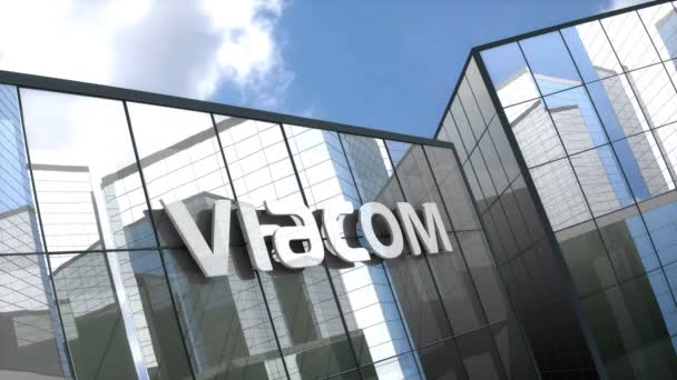 Октябрь 2018 Внутреннего Пользования Анимация Логотип Viacom Inc Стеклянном Здании — стоковое видео