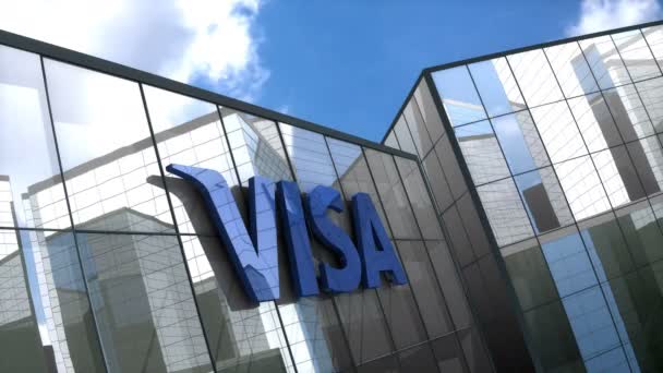 Червень 2018 Використання Тільки Редакції Анімація Логотип Visa Скляній Будівлі — стокове відео