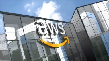 Kasım 2019, sadece editoryal kullanım, 3 boyutlu animasyon, Amazon Aws cam bina logosu.