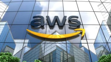 Kasım 2019, sadece editoryal kullanım, 3 boyutlu animasyon, Amazon Aws cam bina logosu.