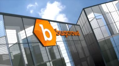 Mayıs 2019, sadece editoryal kullanım, 3 boyutlu animasyon, cam bina üzerindeki Bugcrowd logosu.