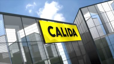 Mayıs 2019, sadece editoryal kullanım, 3 boyutlu animasyon, Calida logosu cam bina.