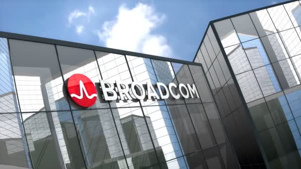 April 2019 Redaktionell Användning Endast Animation Broadcom Företagets Logotyp Glasbyggnad — Stockvideo