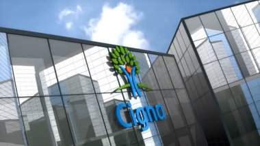 Mayıs 2019, sadece editoryal kullanım, 3 boyutlu animasyon, cam bina üzerinde Cigna logosu.
