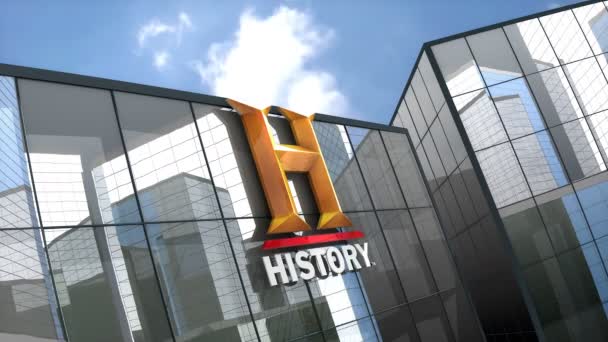 4月2019 編集のみを使用します 3Dアニメーション ガラスの建物の歴史チャンネルのロゴ — ストック動画