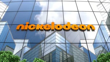 Mayıs 2019, sadece editoryal kullanım, 3 boyutlu animasyon, cam bina üzerindeki Nickelodeon logosu.