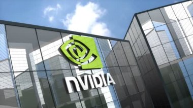 Ağustos 2019, sadece editoryal kullanım, 3 boyutlu animasyon, cam bina üzerine Nvidia logosu.